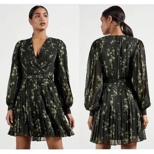 Ted Baker Dress Womens US Large UK 4 Black Papyrus Pleated Mini Ditsy Floral